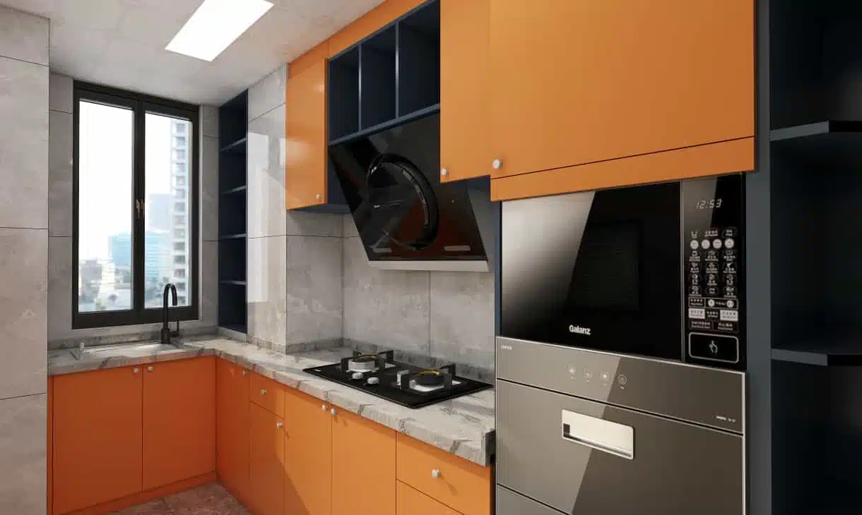 contemporary style design orange color L-shape uv coating kitchen cabinet-china best custom cabinetry manufacturer-nexthome