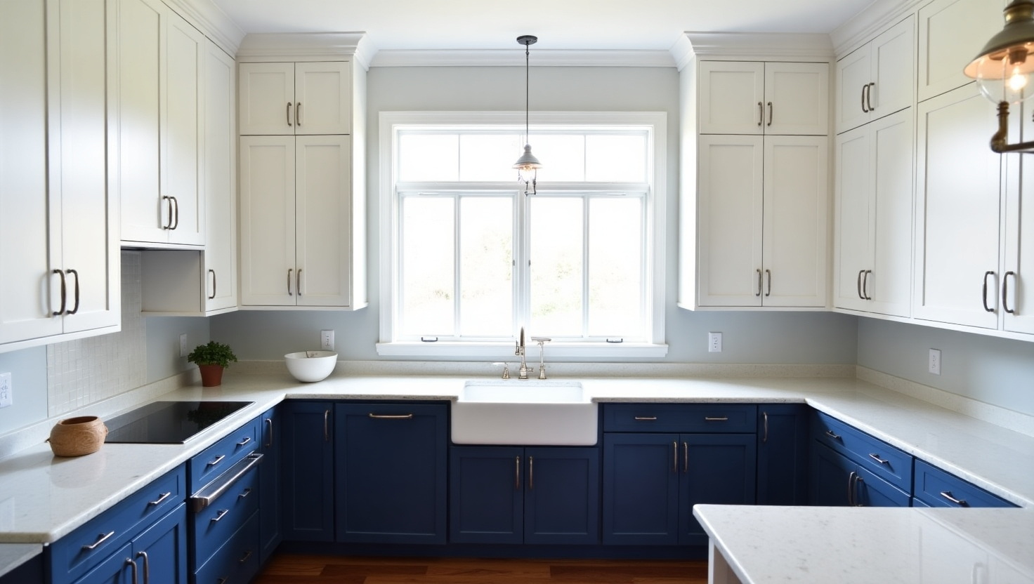 China White and navy blue two-tone kitchen cabinets