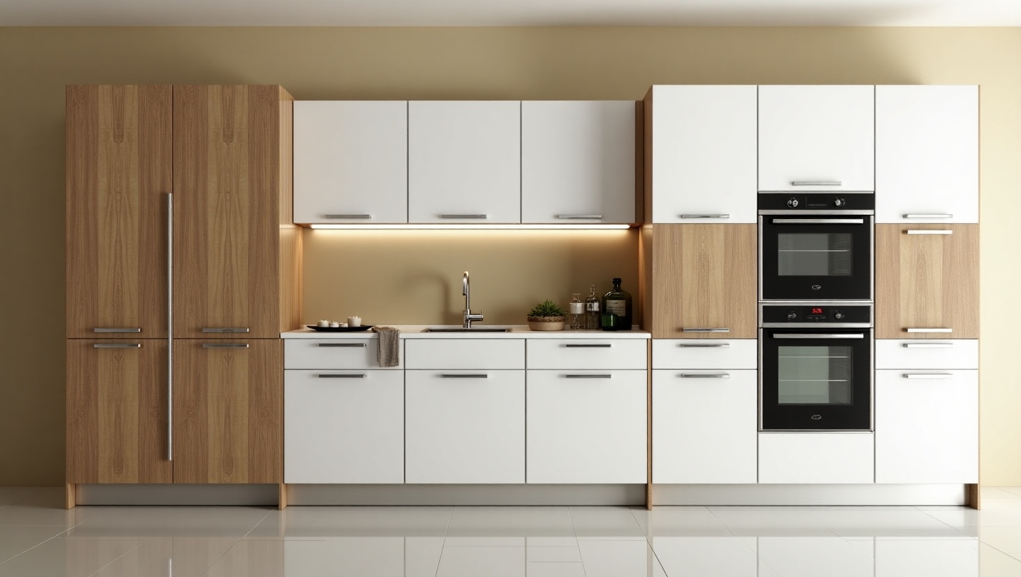 Wood grain and lacquer two-tone kitchen cabinets